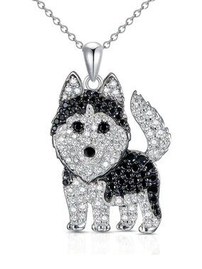 Siberian Husky Dog Breed Sterling Silver CZ Sparkle Pendant Necklace NEW